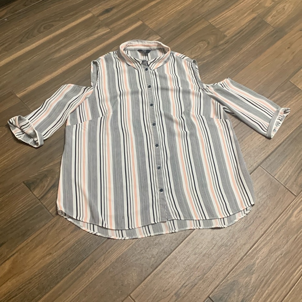 F&F Blouse sz‎ 16 cold-shoulder Unique Blouse Black and Pink Striped